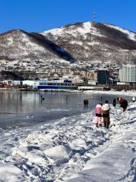 В столице Камчатки люди гуляют по льду Авачинской бухты. Это опасно 0